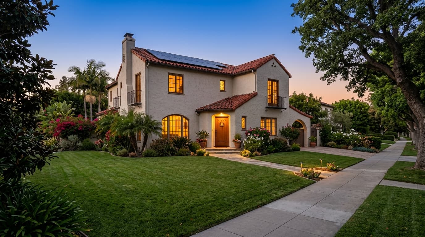 Spanish Colonial Revival home in San Marino at dusk with rooftop solar