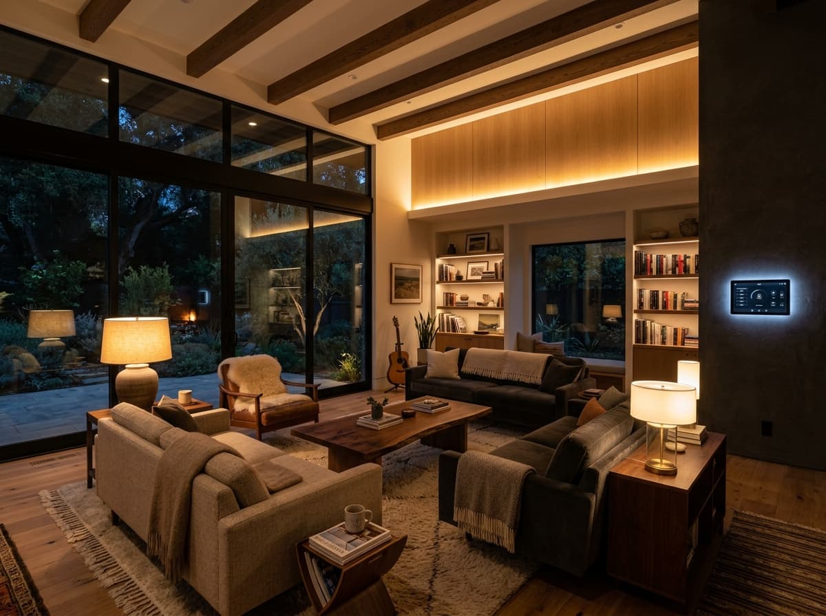 Modern smart home interior with ambient lighting