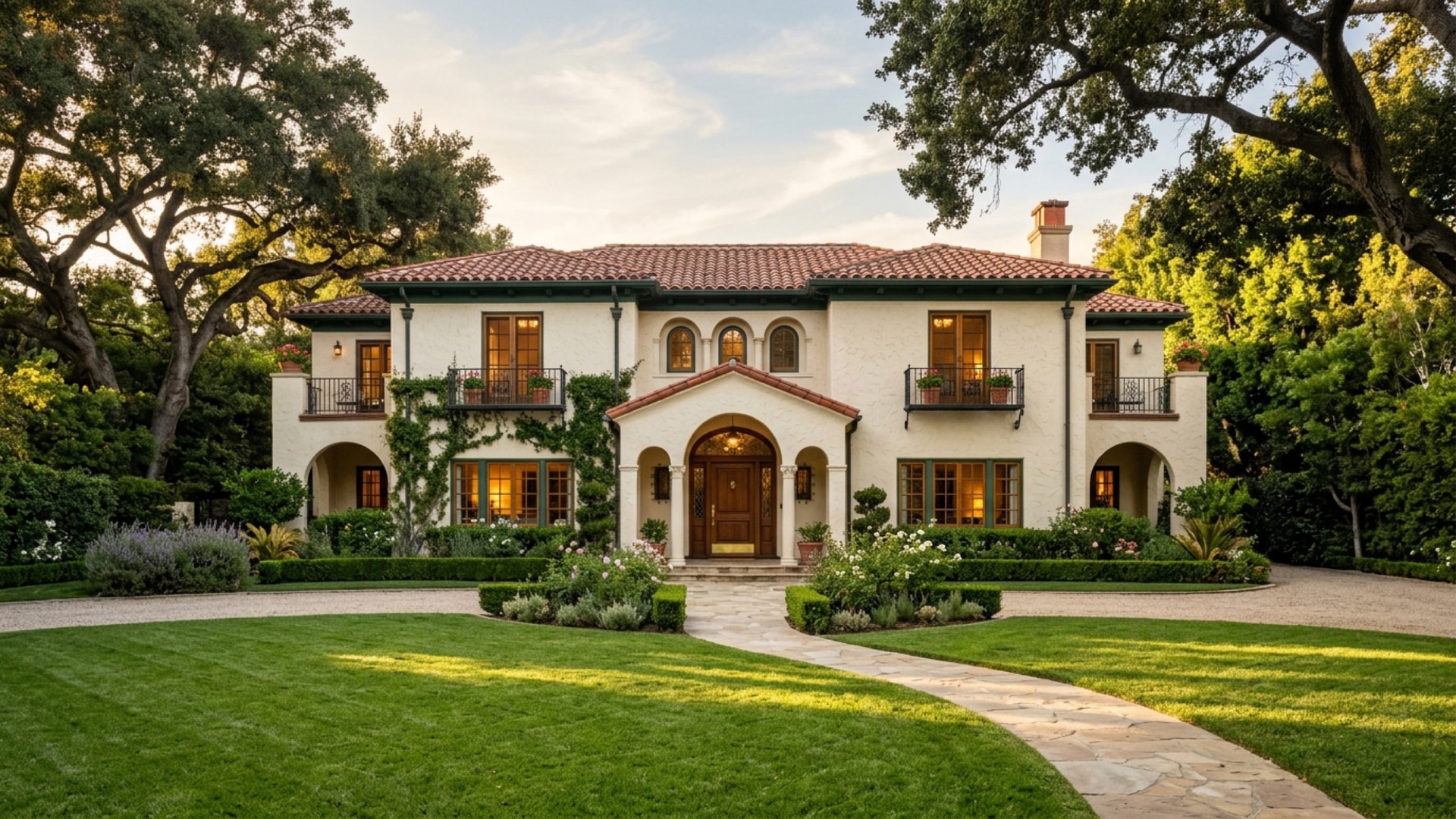 Mediterranean-revival home in the San Gabriel Valley at golden hour