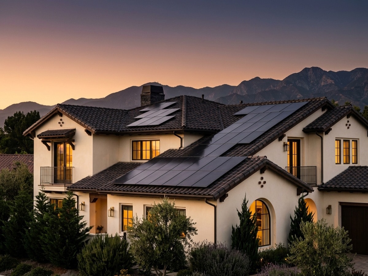 San Gabriel Valley roofline with solar panels at dusk