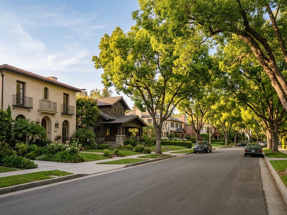Tree-lined San Marino street with Craftsman and Mediterranean homes