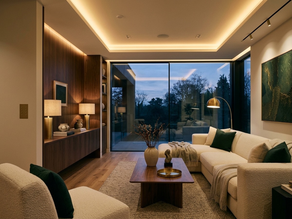 Warm modern living room with layered lighting and a wall keypad